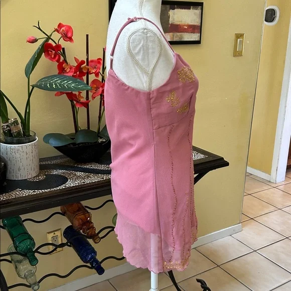 Y2K 90’s🚫SOLD🚫Bead Sequins Pink Lace Fairy core Asymmetrical Hem Camisole Large - Picture 5 of 15